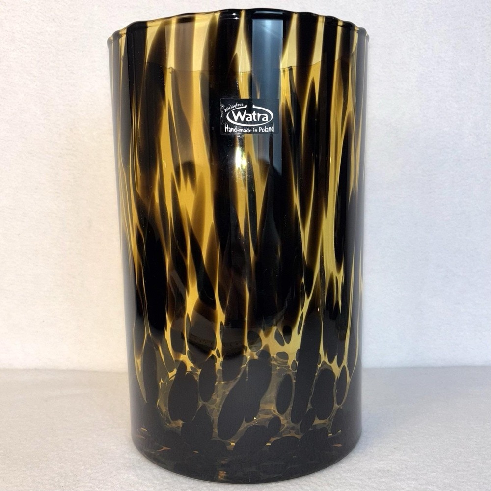 Vintage Watra Alicjaglass Poland Amber Black Tortoiseshell Art Glass Vase 10”